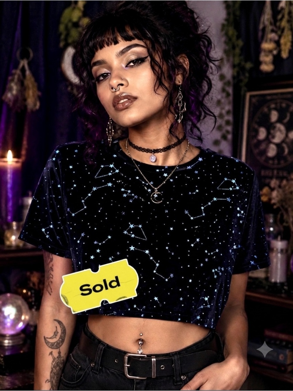 Hot Topic Black Velvet Stars Celestial Witchy Whimsigoth Fantasy Crop Top S/M